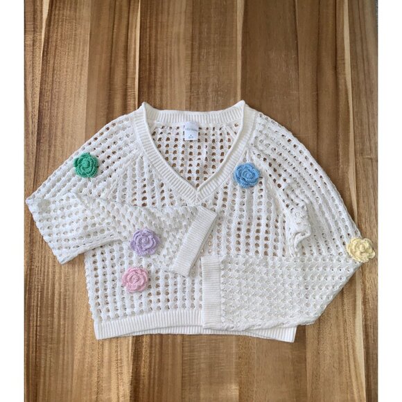 Wild Fable Womens Open-Knit Cropped Sweater w/ Colorful Crochet Flowers Medium - Picture 2 of 12